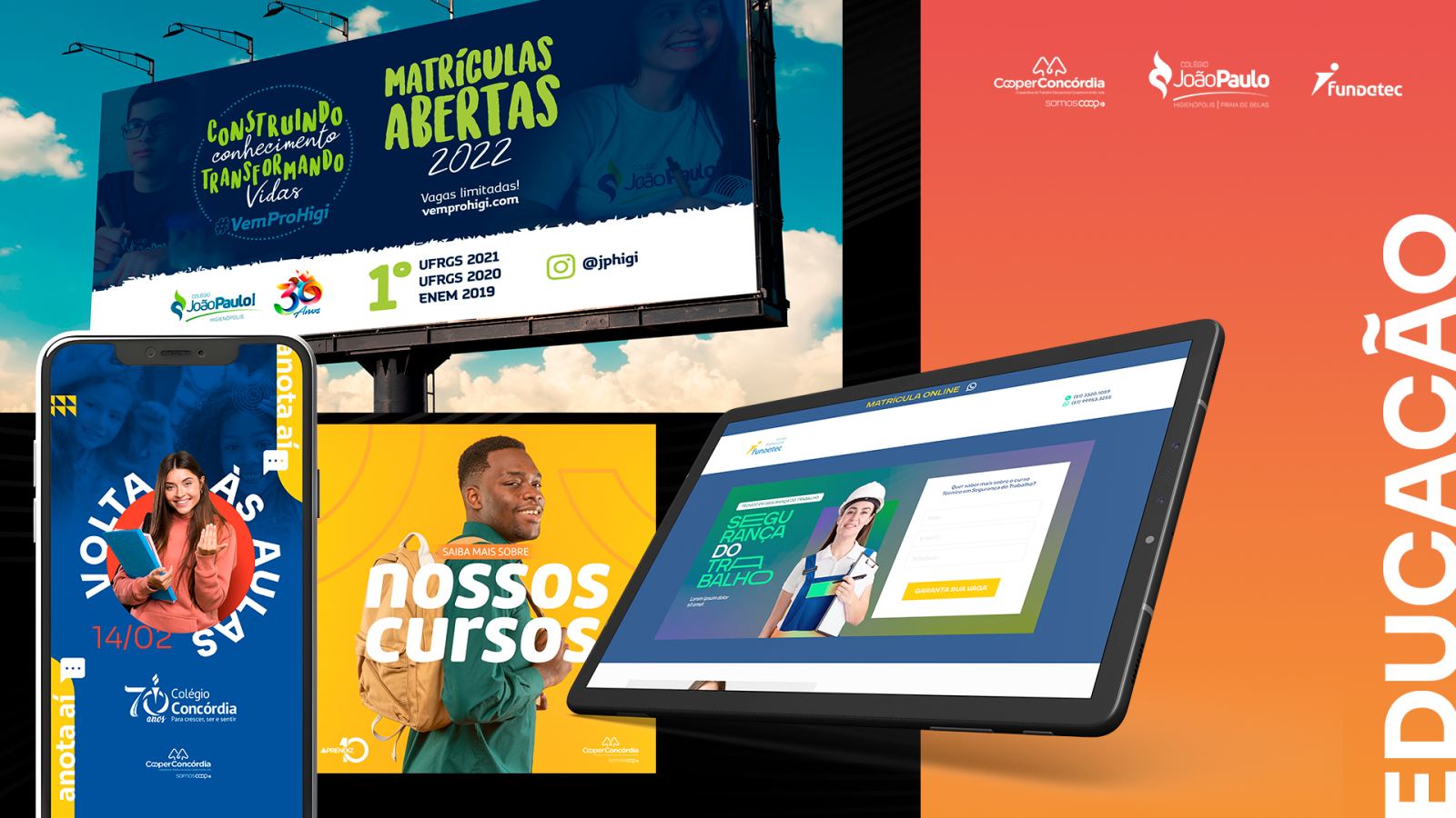 Trabalhos da Foxthree para Colégio Concórdia · Colégio João Paulo I · Fundatec, segmento Educação
