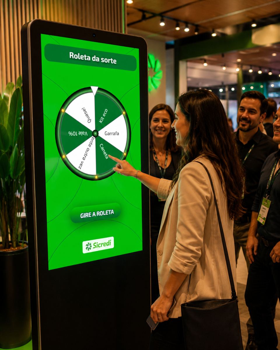 Roleta interativa da Sicredi em evento, projeto F3 Labs